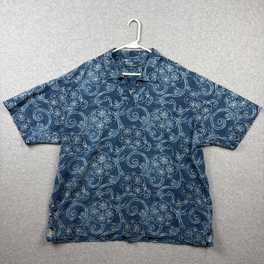 Polo Ralph Lauren Sail Shirt Mens XXL Indigo Batik Floral Linen Johnny Collar